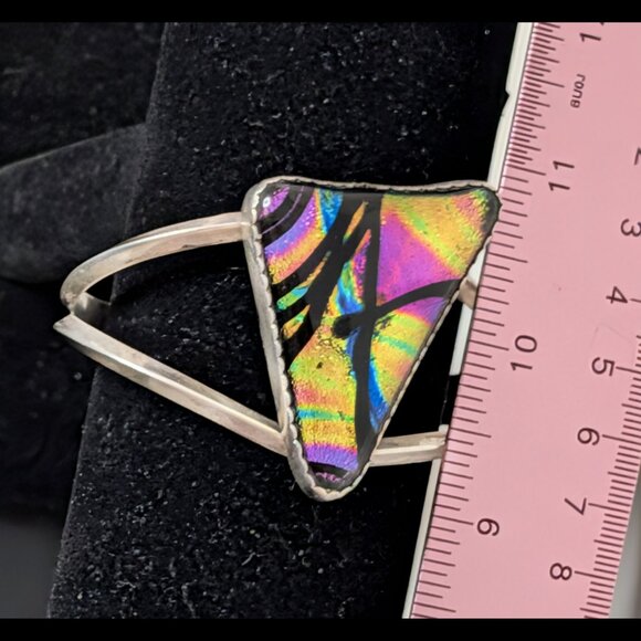 Very Large MODERN ART Rainbow Dichroic Glass 925 Sterling Silver Bracelet - Picture 6 of 6
